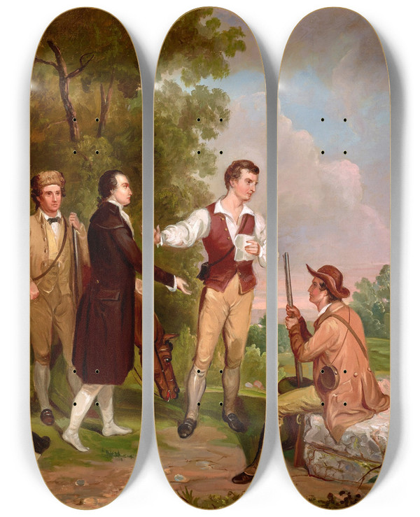 Triptych art skateboard deck of Asher Brown Durand The Capture Of Major Andr by Asher Brown Durand (1796-1886)