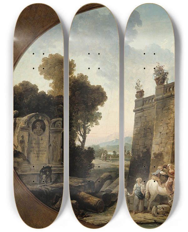 Triptych art skateboard deck of Hubert Robert Labreuvoir by Hubert Robert (1733-1808)