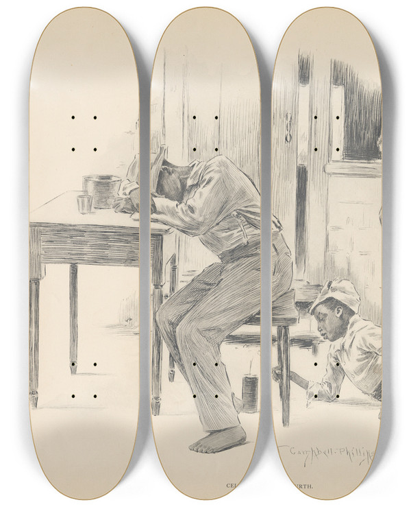 Triptych art skateboard deck of J Campbel Phillips Celebrating The Fourth by J Campbel Phillips (1873-1949)