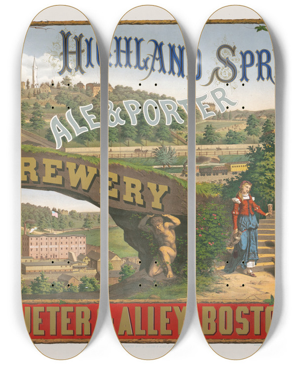 Triptych art skateboard deck of Wittemann Bros Highland Spring Ale Porter Brewery by Wittemann Bros (1876)