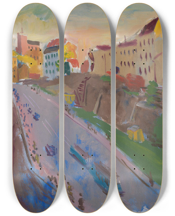 Triptych art skateboard deck of Isaac Grnewald Katarinavgen by Isaac Grunewald (1889-1946)