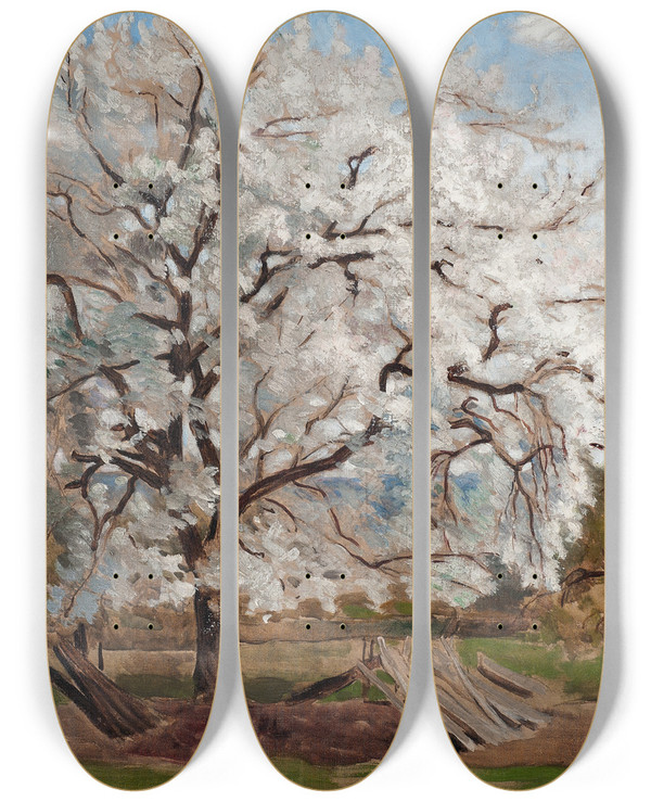 Triptych art skateboard deck of Carl Fredrik Hill Apple Tree In Blossom by Carl Fredrik Hill (1849-1911)