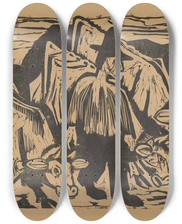 Triptych art skateboard deck of Ernst Ludwig Kirchner Bauer Mit Drei Khen by Ernst Ludwig Kirchner (1880-1938)