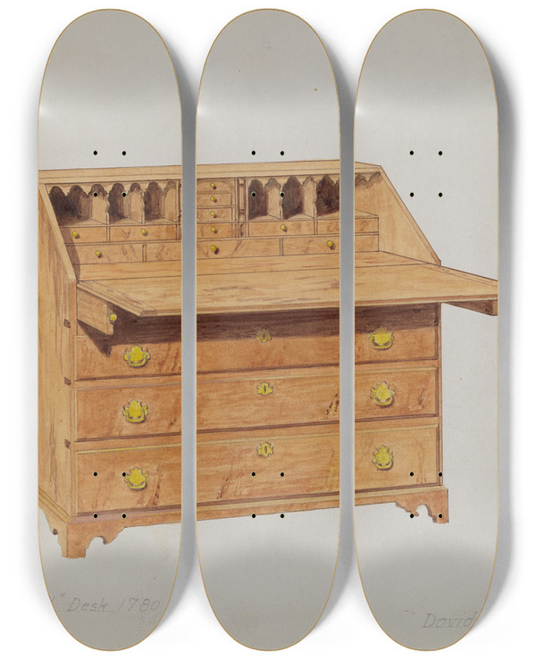 Triptych art skateboard deck of David S De Vault Desk by David S De Vault
