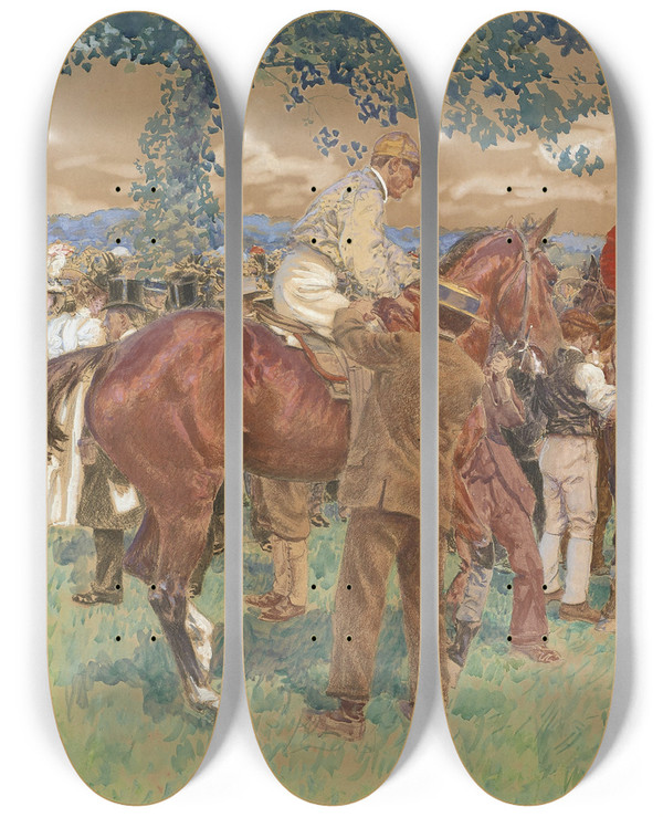 Triptych art skateboard deck of Adolphegustave Binet Le Paddock Avant Le Derby by Adolphe-Gustave Binet