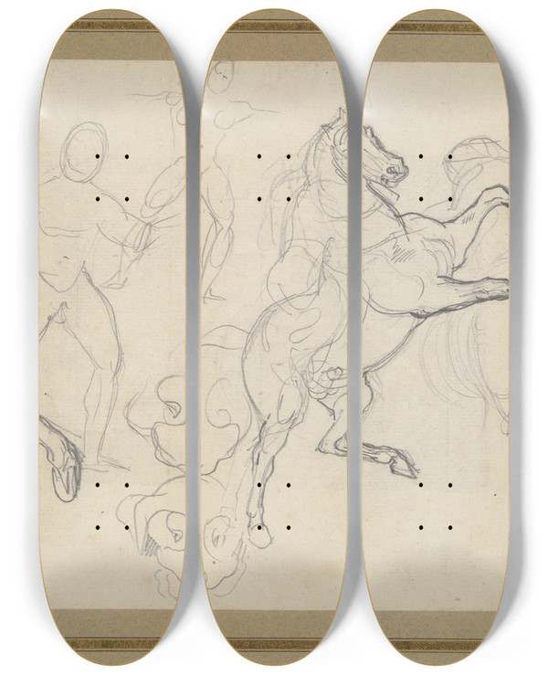 Triptych art skateboard deck of Eugne Delacroix Studies Of Figures Horses Anddogs by Eugene Delacroix (1798-1863)
