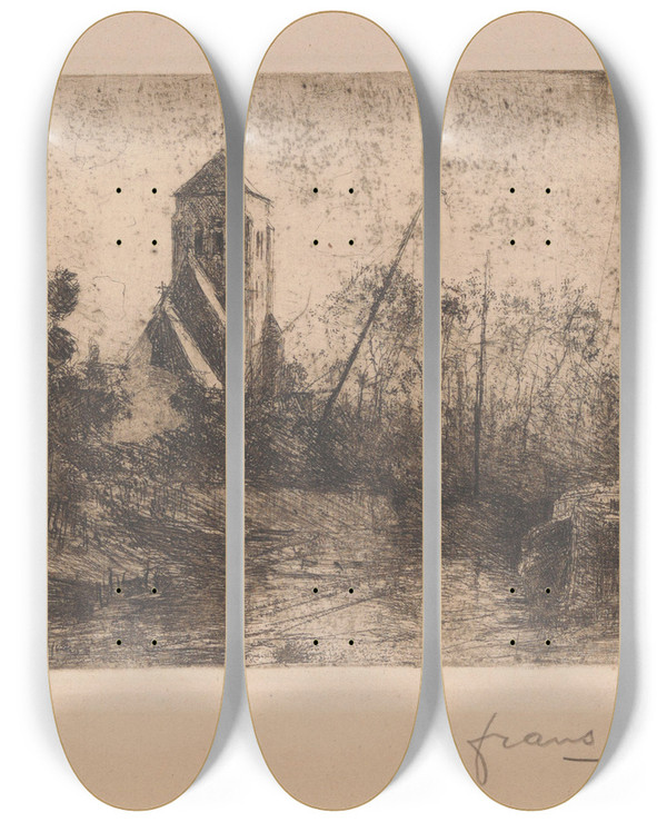 Triptych art skateboard deck of Frans Hens River Landscape by Frans Hens (1856-1928)