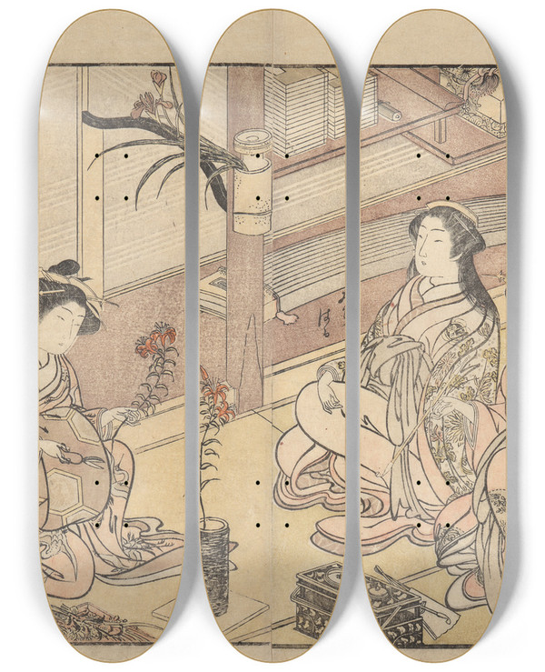 Triptych art skateboard deck of Kitao Shigemasa Courtesans Arranging Flowers by Kitao Shigemasa (1739-1819)