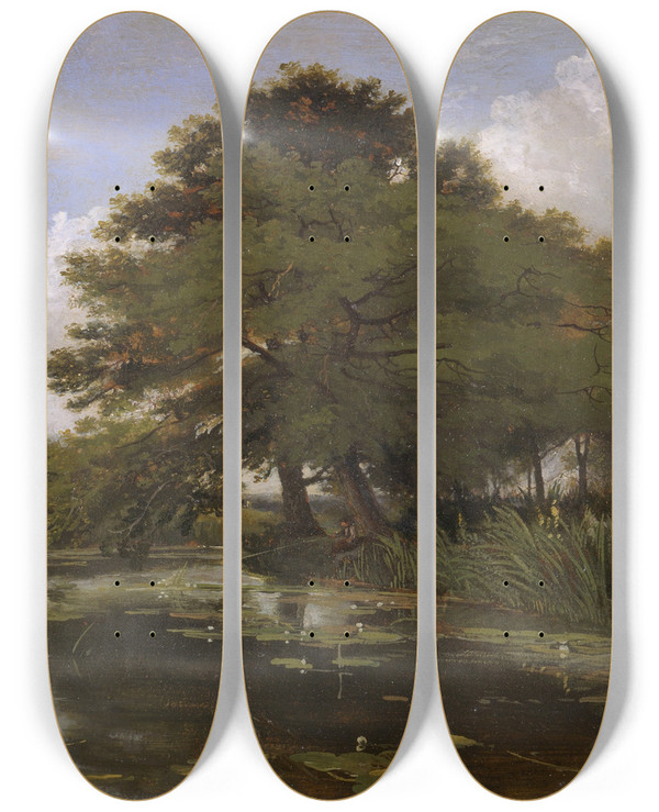 Triptych art skateboard deck of William Alfred Delamotte On The Isis Waterperry Oxfordshire_1 by William Alfred Delamotte (1775-1863)