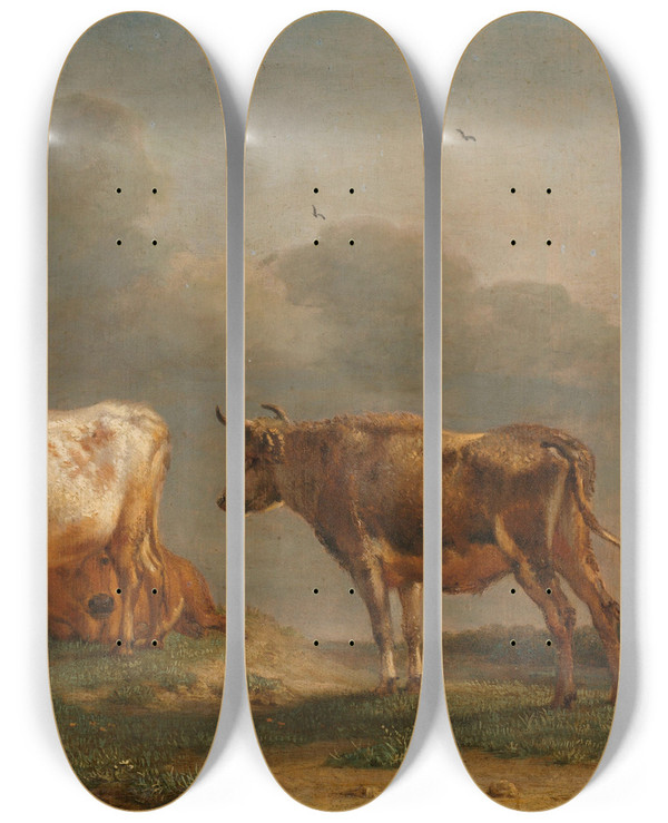 Triptych art skateboard deck of Paulus Potter Four Young Bulls In A Meadow by Paulus Potter (1625-1654)
