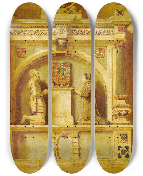 Triptych art skateboard deck of John Faed The Hall At Haddon Hall by John Faed (1820-1902)