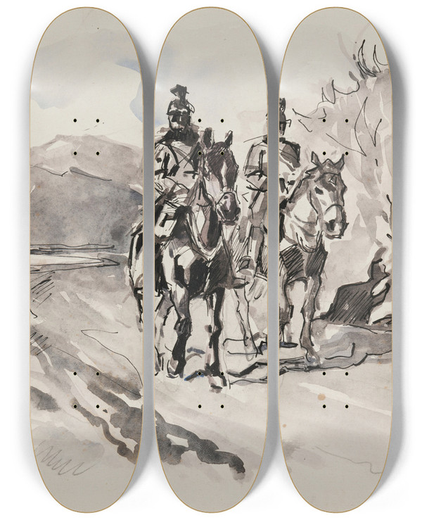 Triptych art skateboard deck of Ivan Ivanec Uani Niemieccy Na Koniach by Ivan Ivanec (1893-1946)