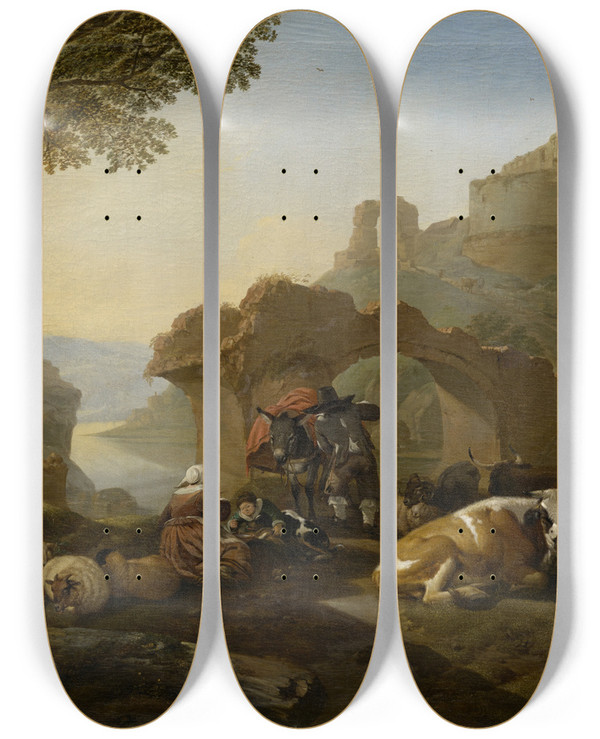 Triptych art skateboard deck of Johann Heinrich Roos Shepherds Resting by Johann Heinrich Roos (1631-1685)