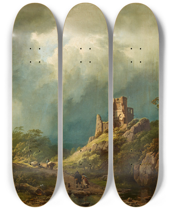 Triptych art skateboard deck of Barend Cornelis Koekkoek Travellers Passing A Ruined Castle In A Stormy Landscape by Barend Cornelis Koekkoek (1803-1862)