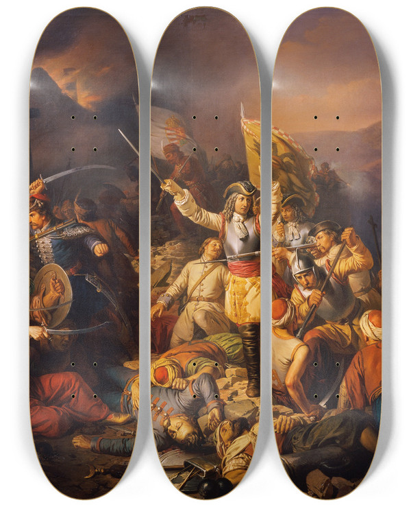 Triptych art skateboard deck of Jozsef Von Molnar Die Rckeroberung Ofens Aus Der Hand Der Trken Im Jahr 1686 by Jozsef Von Molnar (1821-1899)