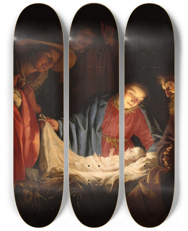 Triptych art skateboard deck of Gerard Van Honthorst Adoration Of The Shepherds by Gerard Van Honthorst (1592-1656)