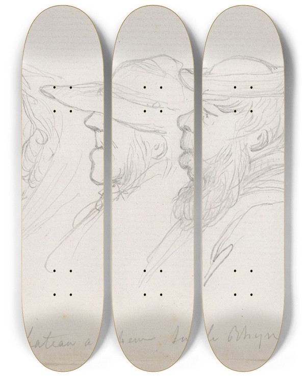Triptych art skateboard deck of Nicaise De Keyser Three Figures On A Steamer On The Rhine by Nicaise De Keyser (1813-1887)