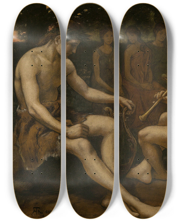 Triptych art skateboard deck of Hans Thoma Apollon And Marsyas by Hans Thoma (1839-1924)