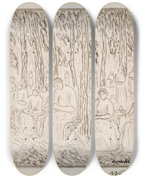 Triptych art skateboard deck of Abraham Walkowitz Under Two Trees by Abraham Walkowitz (1878-1965)