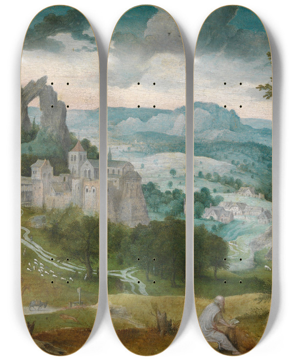 Triptych art skateboard deck of Cornelis Massijs Landscape With Saint Jerome by Cornelis Massijs (1510-1115)
