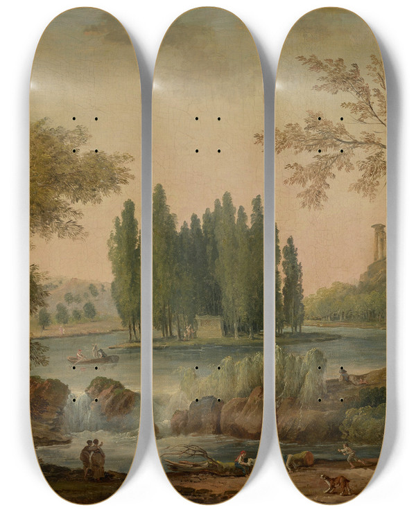 Triptych art skateboard deck of Hubert Robert A View Of The Park At Ermenonville With The Tomb Of Jeanjacques Rousseau And The Temple De La Philosophie by Hubert Robert (1733-1808)