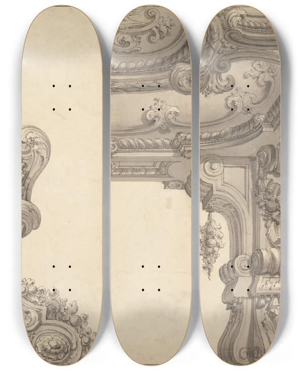 Triptych art skateboard deck of Nicholas Thomas Dall Ceiling Design by Nicholas Thomas Dall