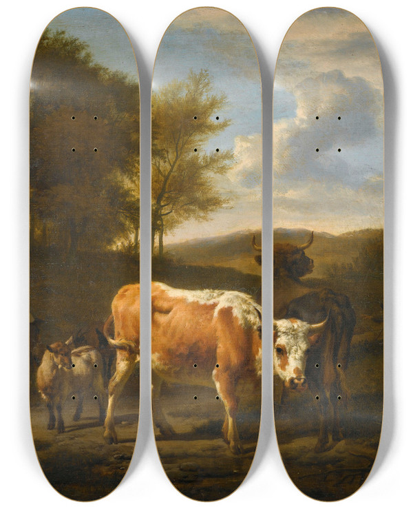 Triptych art skateboard deck of Adriaen Van De Velde Mountainous Landscape With Cows by Adriaen van de Velde (1636-1672)