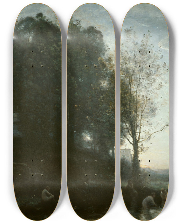 Triptych art skateboard deck of Jeanbaptistecamille Corot Bathing Nymphs And Child by Jean-Baptiste-Camille Corot (1796-1875)