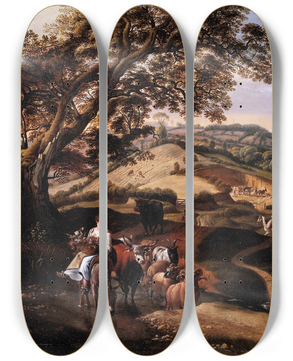 Triptych art skateboard deck of Jan Siberechts A Pastoral Landscape by Jan Siberechts (1627-1703)