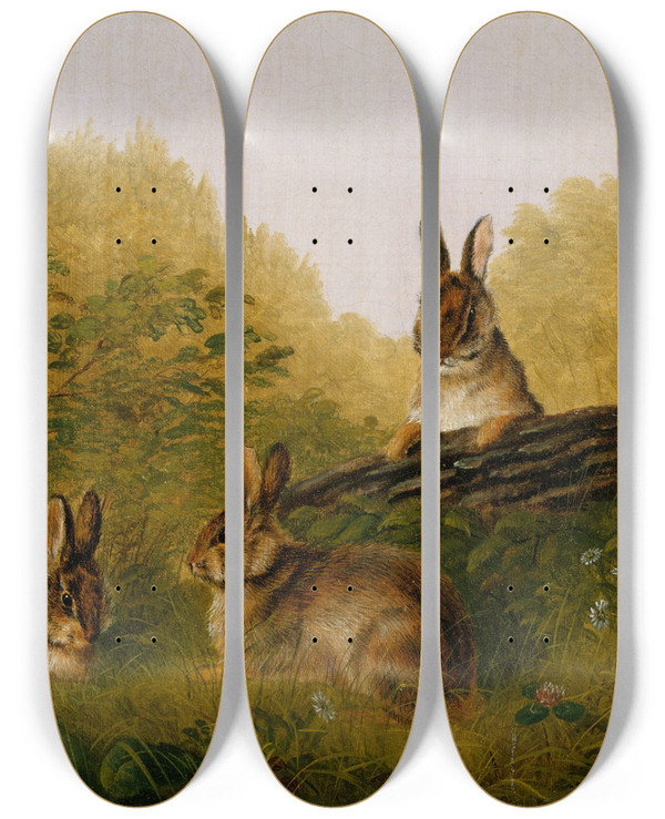Triptych art skateboard deck of Arthur Fitzwilliam Tait Rabbits On A Log by Arthur Fitzwilliam Tait (1819-1905)