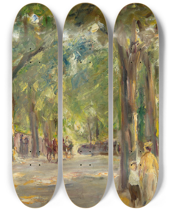 Triptych art skateboard deck of Max Liebermann Die Groe Seestrasse In Wannsee Mit Spaziergngern by Max Liebermann (1847-1935)
