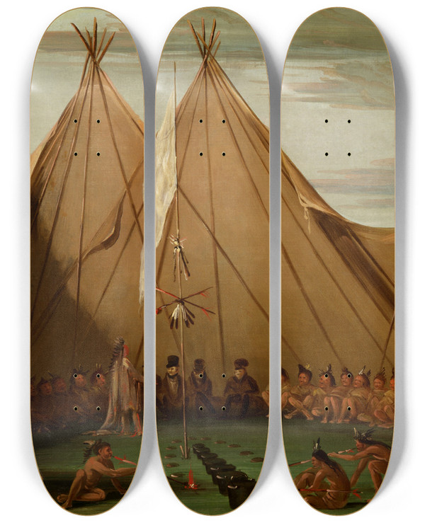 Triptych art skateboard deck of George Catlin Sioux Dog Feast by George Catlin (1796-1872)