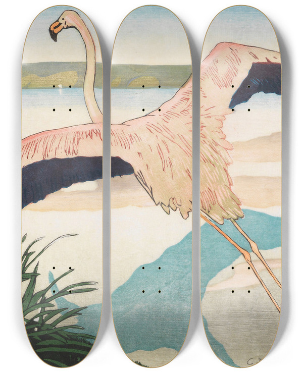 Triptych art skateboard deck of Carl Moser Flamingo Zweite Fassung by Carl Moser (1873-1939)