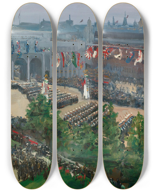 Triptych art skateboard deck of Sir John Lavery Admiralty Arch 19Thjuly 1919 by Sir John Lavery (1856-1941)