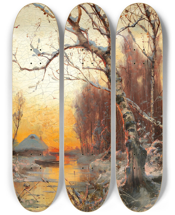 Triptych art skateboard deck of Julius Sergius Klever Winter Landscape With Birch In The Evening Light by Julius Sergius Klever (1850-1924)