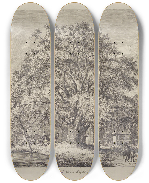 Triptych art skateboard deck of Jacob George Strutt The Wych Elm At Bagots Mill by Jacob George Strutt (1784-1867)