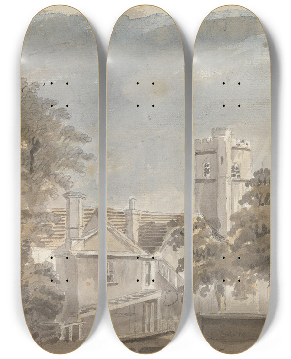 Triptych art skateboard deck of James Miller View Of Buildings by James Miller (1773-1814)