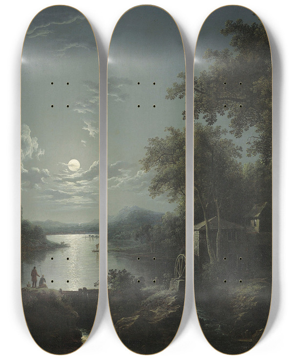 Triptych art skateboard deck of Henry Pether Moonlit Fishing On The Riverbank by Henry Pether (1828-1865)