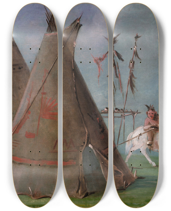 Triptych art skateboard deck of George Catlin Comanche Lodge Of Buffalo Skins by George Catlin (1796-1872)