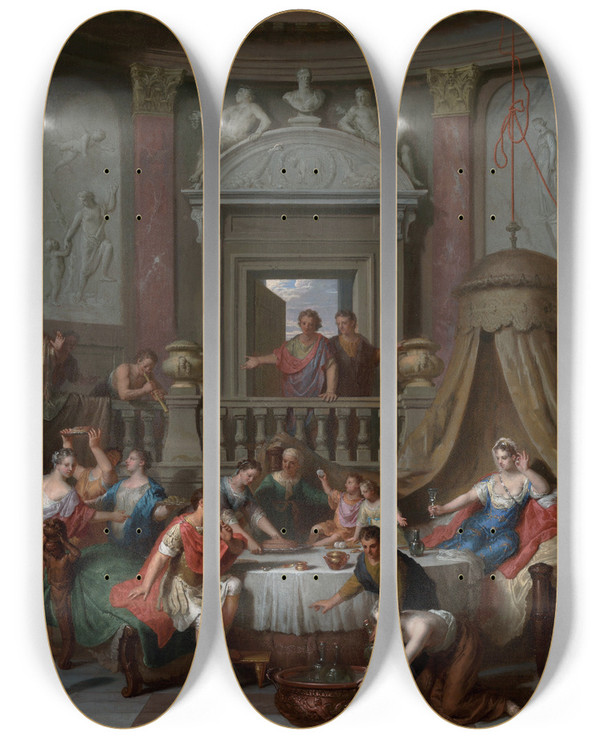 Triptych art skateboard deck of Gerard Hoet The Banquet Of Cleopatra by Gerard Hoet (1648-1733)
