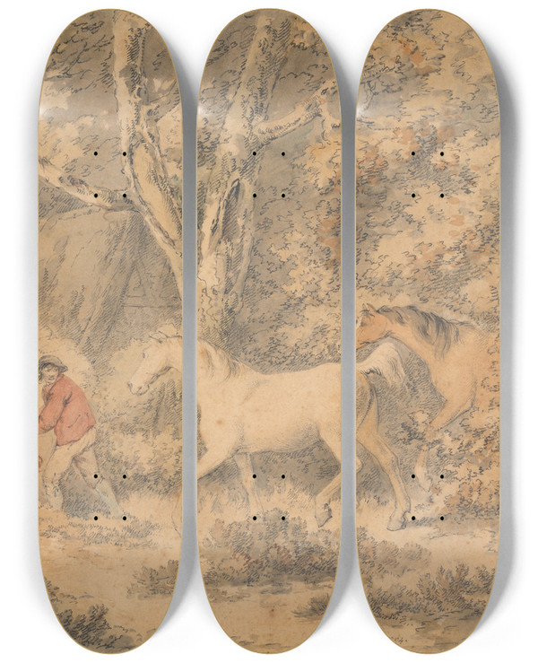 Triptych art skateboard deck of George Morland Landscape With Horses Farmer And Dog by George Morland (1763-1804)
