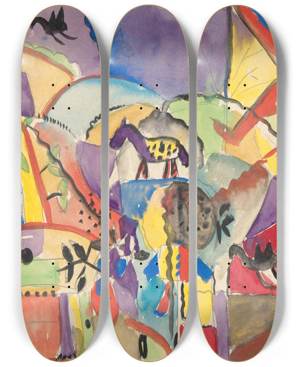 Triptych art skateboard deck of Paul Gaulois Composition Withhorses by Paul Gaulois (1904-1943)