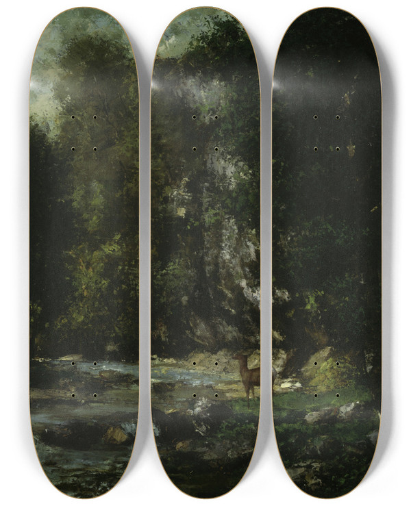 Triptych art skateboard deck of Gustave Courbet The Brook Of Les Puitsnoir by Gustave Courbet (1819-1877)