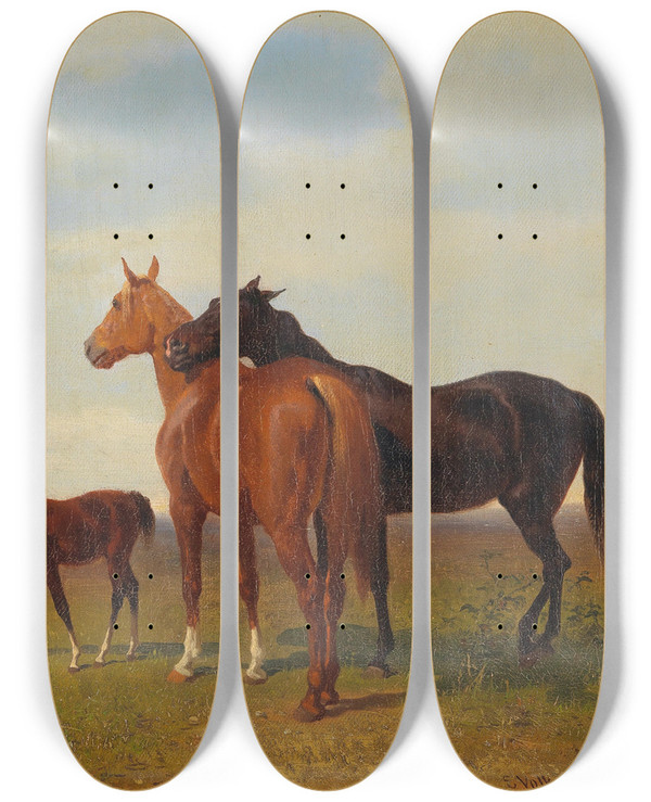 Triptych art skateboard deck of Emil Volkers Horses On The Puszta by Emil Volkers (1831-1905)