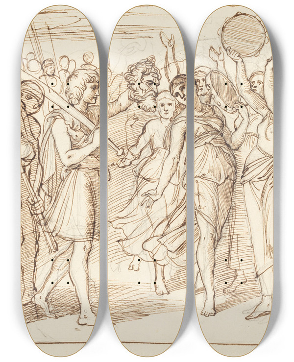 Triptych art skateboard deck of Julius Schnorr Von Carolsfeld The Triumph Of David by Julius Schnorr Von Carolsfeld (1794-1872)