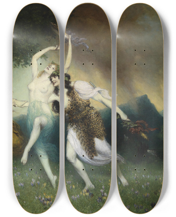 Triptych art skateboard deck of Ferdinand Leeke Fliehende Nymphen by Ferdinand Leeke (1859-1923)