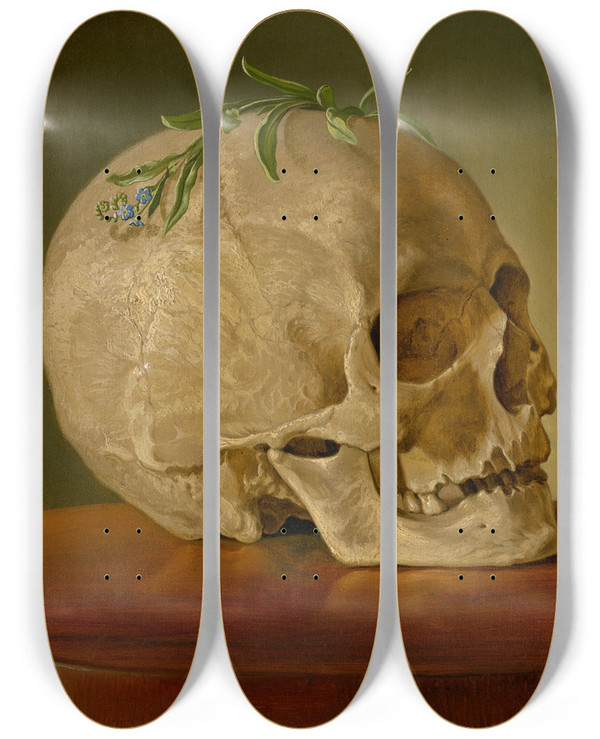 Triptych art skateboard deck of Vojtech Klimkovi Still Life With A Skull And A Forgetmenot by Vojtech Klimkovic (1833-1885)