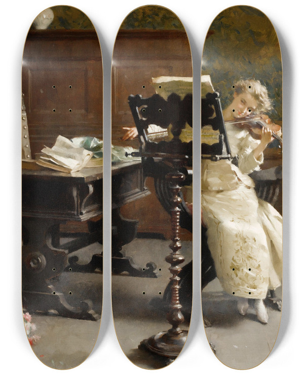 Triptych art skateboard deck of Giovanni Paolo Bedini The Violinist by Giovanni Paolo Bedini (1844-1924)
