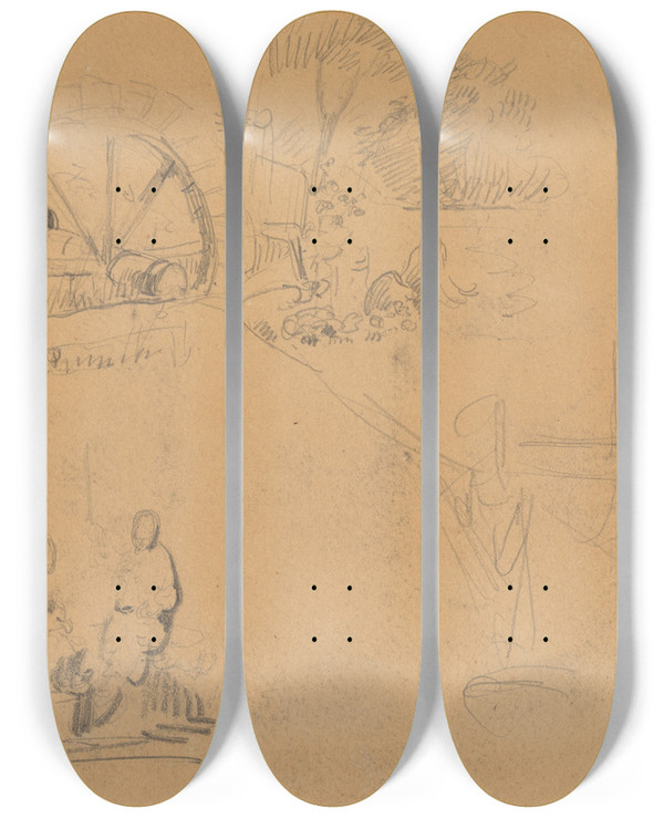 Triptych art skateboard deck of James Ensor Landschapsfragment Met Waterrad En Twee Figuren by James Ensor (1860-1949)