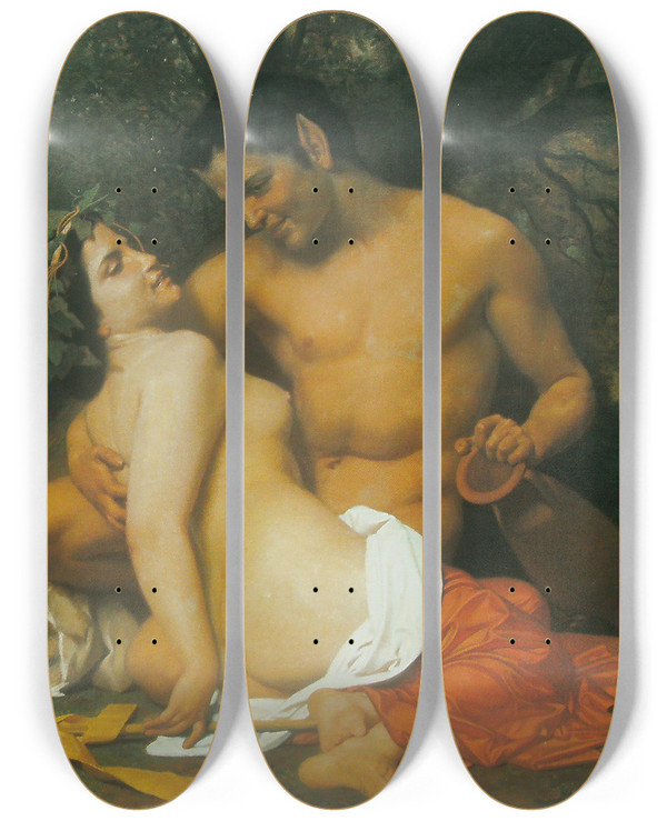 Triptych art skateboard deck of William Bouguereau Faun And Bacchante by William Bouguereau (1825-1905)